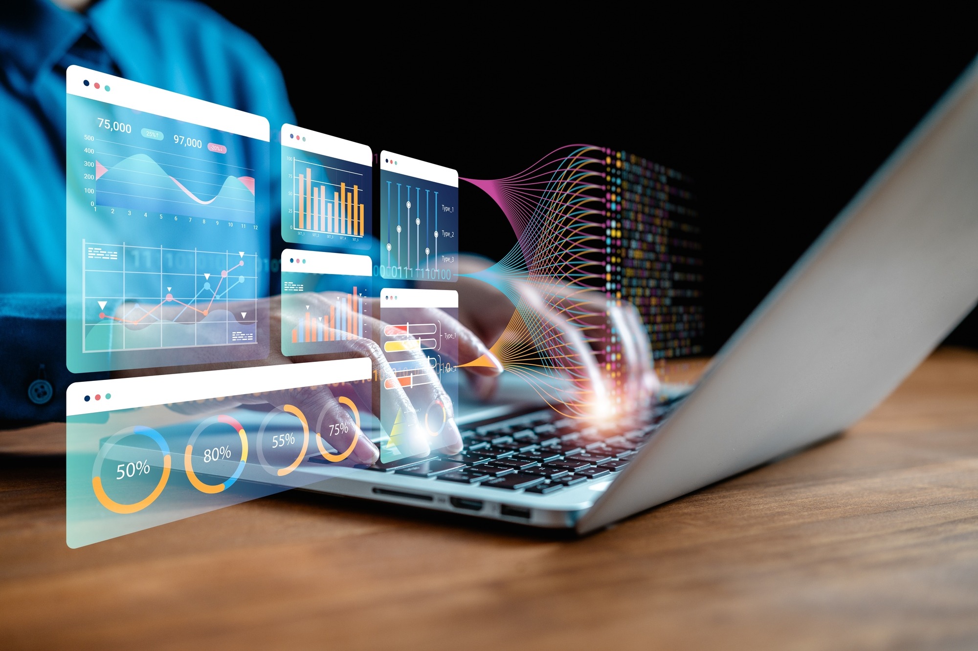 Scientist Working With Business Data, Finance, Marketing Report, Big Data Analytics Technology, Processing Complexity Information Flow On Virtual Screen, Machine Learning, Artificial Intelligence.